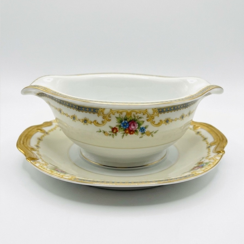 Kongo China Japan  Vintage Floral Gravy Boat with Saucer attached hand painted